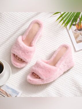 Pink Plush Peep Toe Faux Fur Backless Wedge Platform Slides Shoes Y2K Size 8